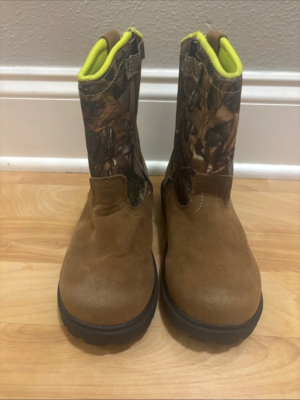 Magellan Outdoors Kids Brown Camo Pull-On Boots with Neon Yellow Trim